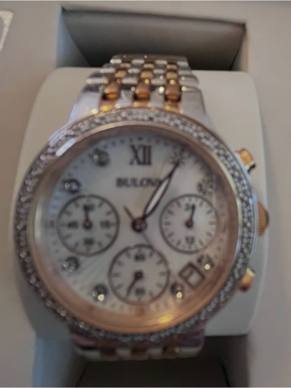 Bulova Two-Tone Silver and Gold Crystal Accent Women's Bracelet Watch